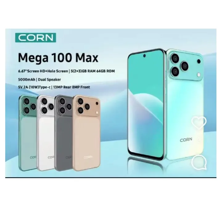 [New Launch] Corn Mega 100 Max 64GB+5(2+3)GB 6.67"HD 60Hz Large 5000mAh Battery Dual Sim Card SmartPhone Side-Mounted Fingerprint Face Unlock 13MP Ultra Camera 8MP Android Smartphone