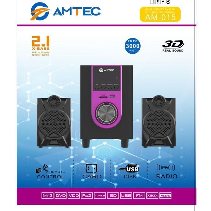 Amtec AM-015 2.1CH Subwoofer System –  Powerful Bass, Bluetooth, USB/SD, FM Radio, AC/DC, LED Lights, Remote Control