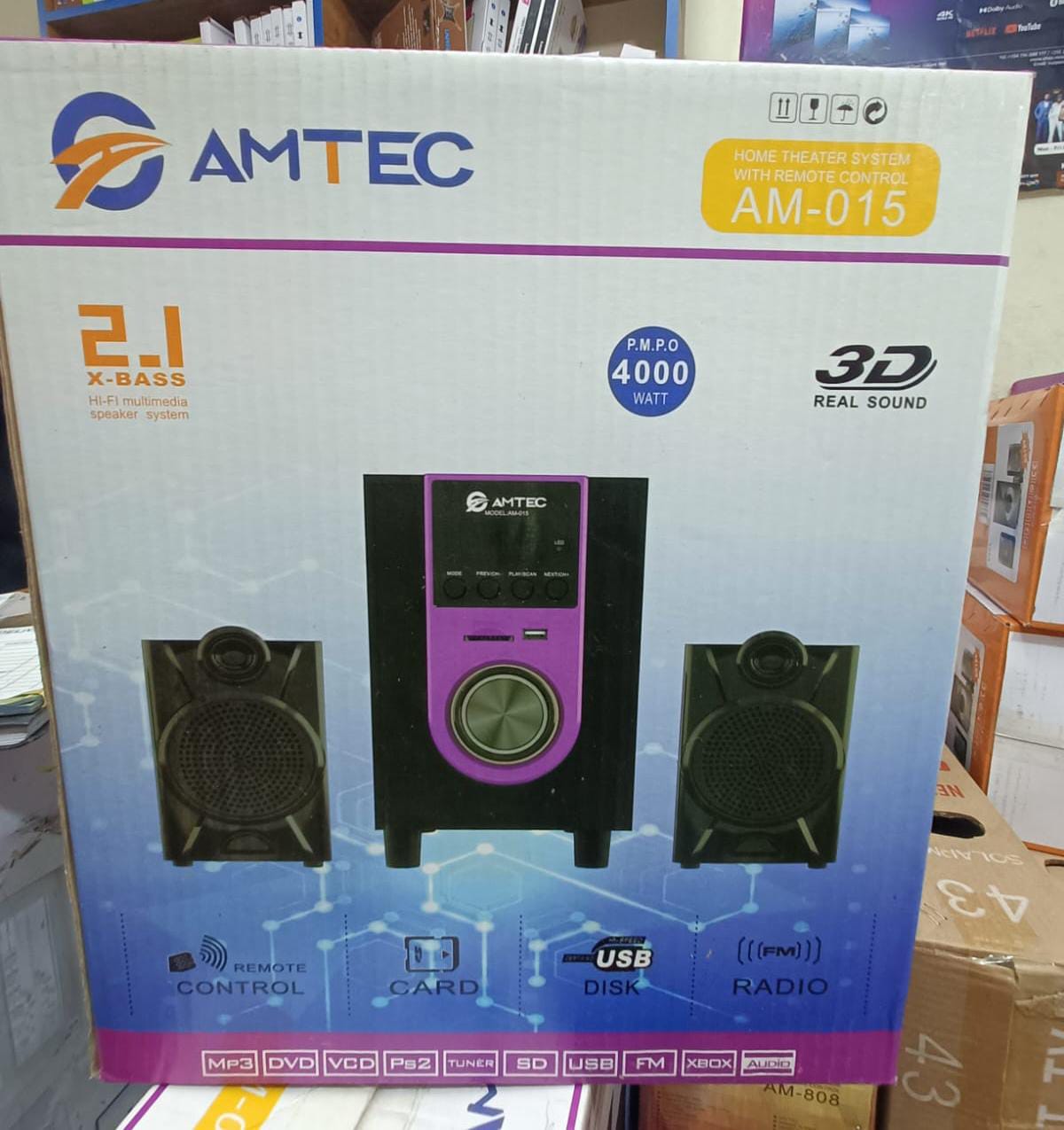 Amtec AM-015 2.1CH Subwoofer System –  Powerful Bass, Bluetooth, USB/SD, FM Radio, AC/DC, LED Lights, Remote Control