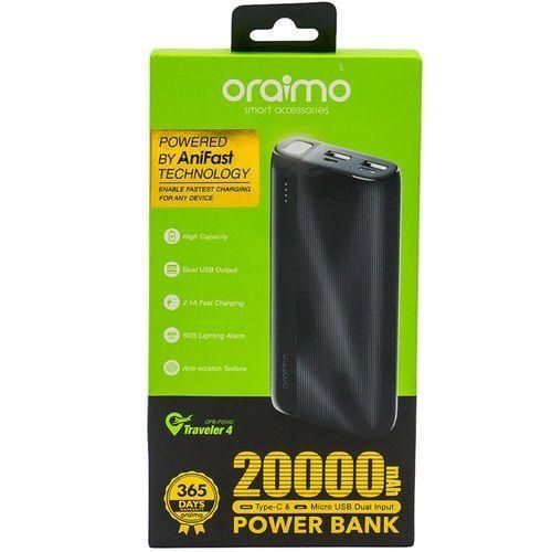 Oraimo 20000mAh Power Bank with AniFast Tech, Dual USB Output, 2.1A Fast Charging, SOS Torch Light, Anti-Scratch Design – Ideal for Travel, Daily Use & Heavy Phone Users