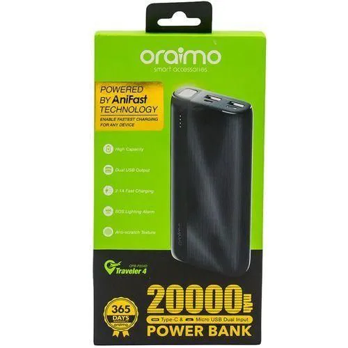 Oraimo 20000mAh Power Bank with AniFast Tech, Dual USB Output, 2.1A Fast Charging, SOS Torch Light, Anti-Scratch Design – Ideal for Travel, Daily Use & Heavy Phone Users