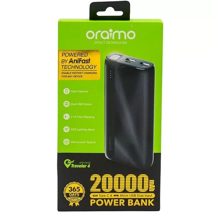 Oraimo 20000mAh Power Bank with AniFast Tech, Dual USB Output, 2.1A Fast Charging, SOS Torch Light, Anti-Scratch Design – Ideal for Travel, Daily Use & Heavy Phone Users