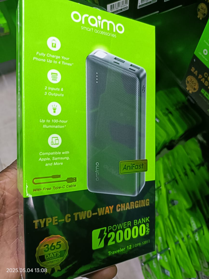 Oraimo 20000mAh Power Bank with AniFast Tech, Dual USB Output, 2.1A Fast Charging, SOS Torch Light, Anti-Scratch Design – Ideal for Travel, Daily Use & Heavy Phone Users