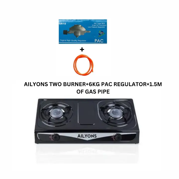 Ailyons Double Gas Burner + 1.5M Gas Pipe + 6kg PAC Regulator – Complete Tabletop Gas Cooking Set