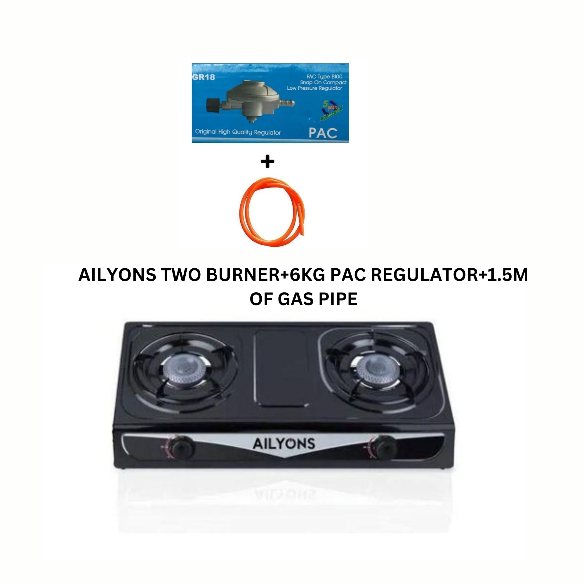 Ailyons Double Gas Burner + 1.5M Gas Pipe + 6kg PAC Regulator – Complete Tabletop Gas Cooking Set