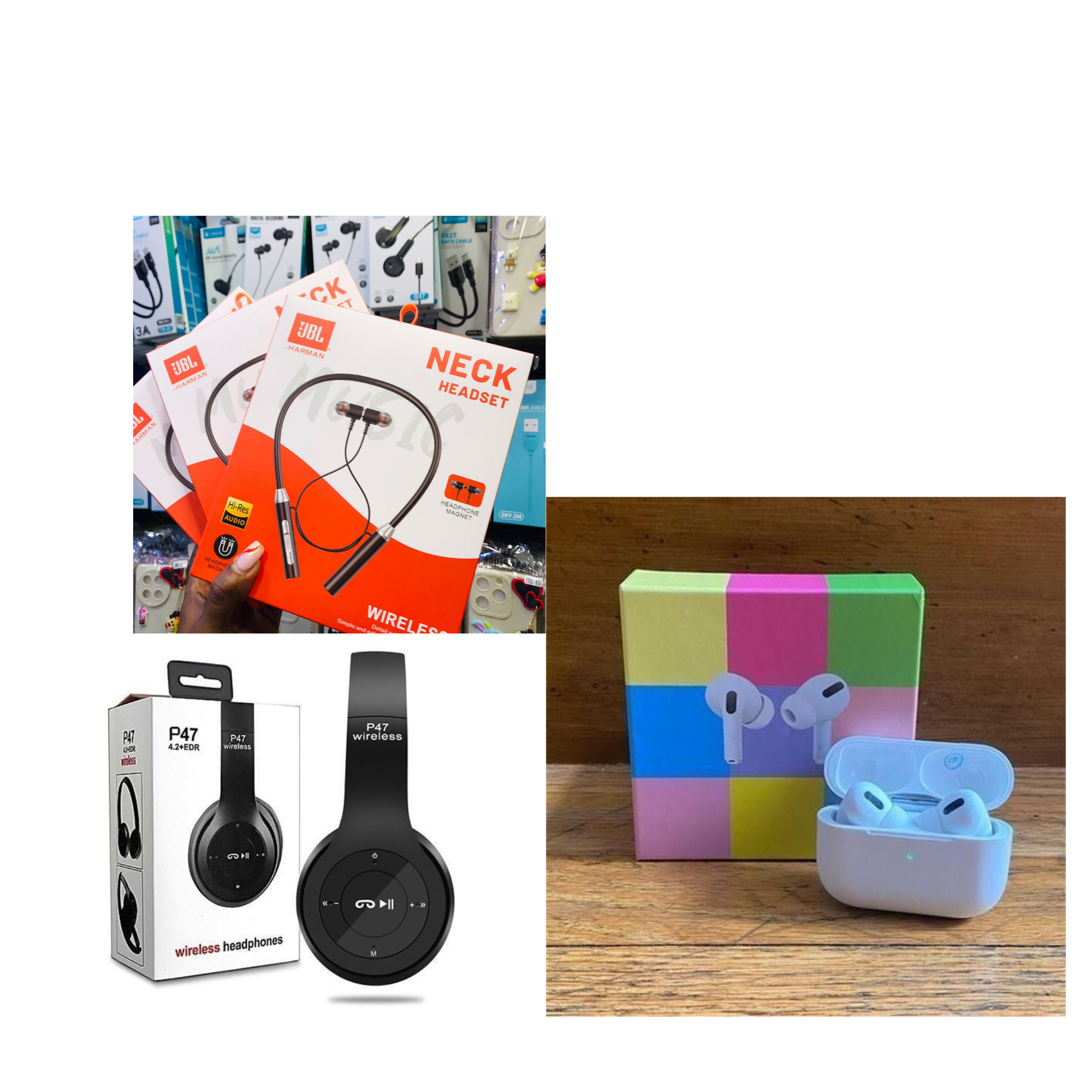 🔥3-in-1 Audio Combo Pack – P47 Wireless Headphones + TWS Pro 3 Earbuds + JBL Neckband – Clear Sound, Long Battery, Stylish Design🔥