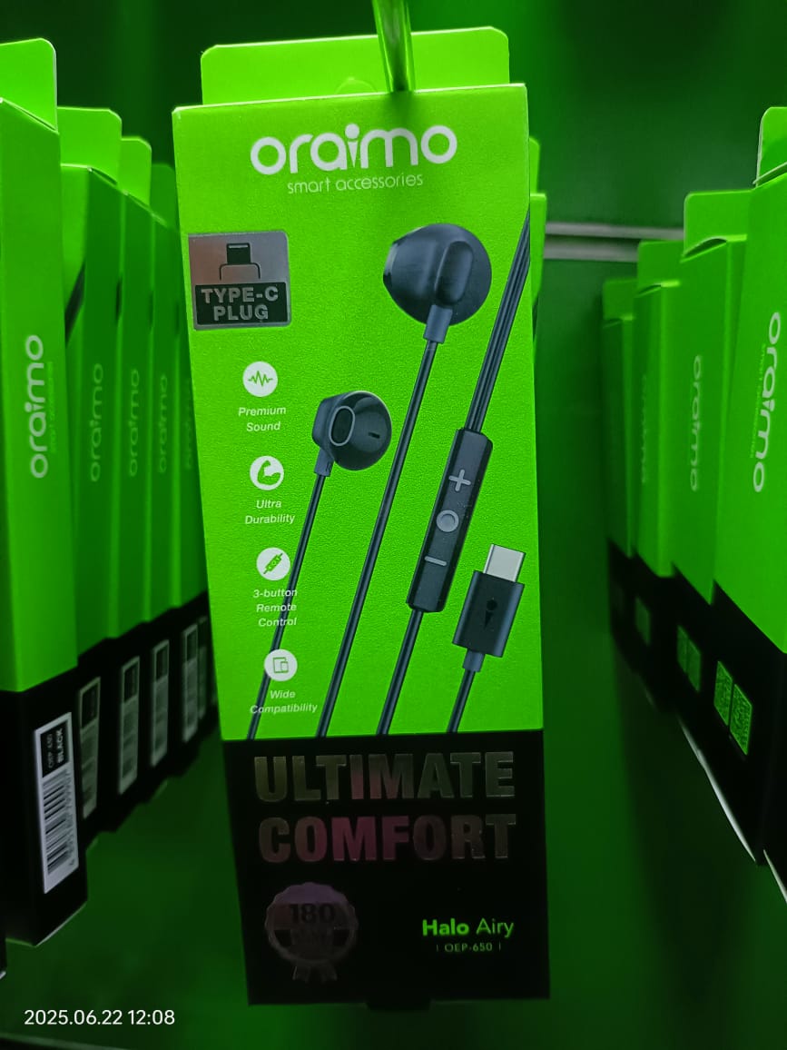 Oraimo Type-C Wired Earphones – Original USB-C In-Ear Headset with Mic & Deep Bass
Enjoy premium sound with the Oraimo Type-C Earphones ,designed for users who want rich audio, deep bass, and reliable