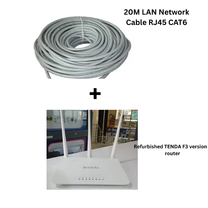 Refurbished TENDA F3 v3 Router + 20M CAT6 LAN Cable | High-Speed WiFi & Stable Wired Connection