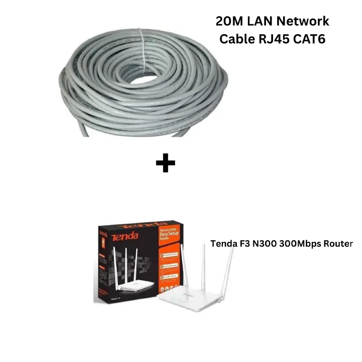 Tenda F3 N300 300Mbps Wireless Router + 20M CAT6 LAN Cable | Seamless WiFi + Gigabit Wired Speed
