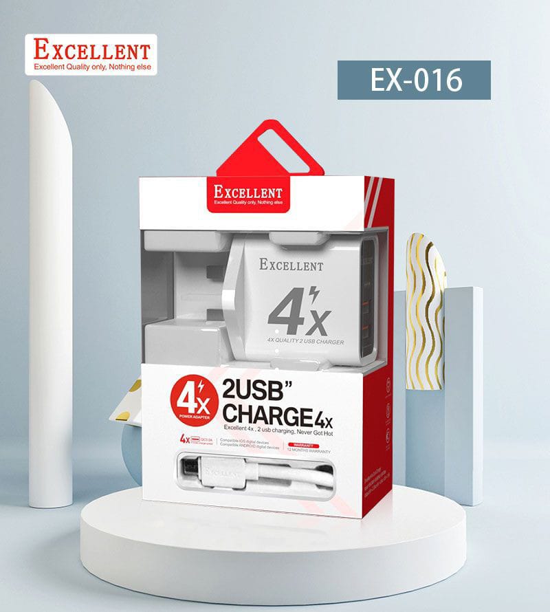 The EXCELLENT 4X Charger (Type B) is a dual USB wall adapter offering 2A fast and stable charging, ideal for Android devices and other USB-powered gadgets. It’s compact, reliable, and travel-friendly.