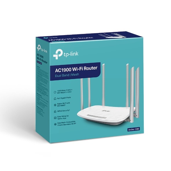 TP-Link Archer C86 AC1900 Router – Dual-band 1300Mbps+600Mbps, 3×3 MIMO, MU-MIMO, Beamforming & 6 antennas for boosted coverage and seamless multi-device performance.