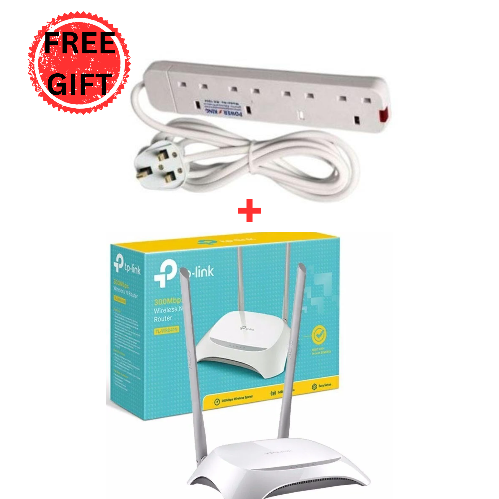TP-Link TL-WR840N 300Mbps Wireless Router + FREE RK 4-Way Extension Cable Socket Power Strip | 2.4GHz | WPS Security | Bandwidth Control | Home & Office Internet Solution
