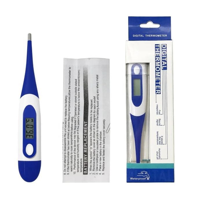 Digital Thermometer | Flexible Waterproof Tip | Switchable °C/°F | LCD Screen | Sound & Fever Alarm | One-Button Operation | Replaceable Battery | Kids, Adults & Pets