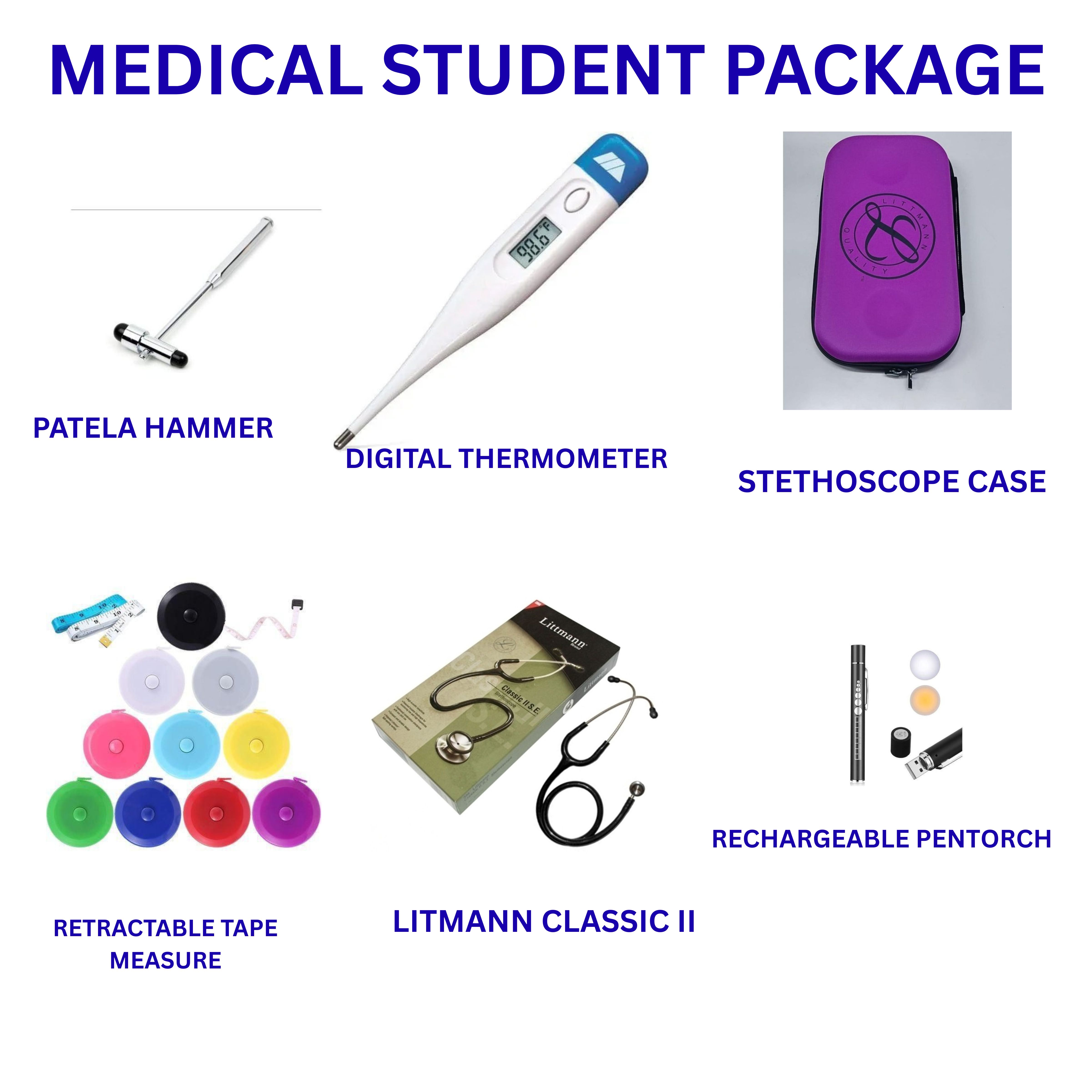 Medical Student Package | Littmann II Stethoscope + Case | Retractable Tape | Rechargeable PenTorch | Digital Thermometer | Patellar Reflex Hammer | Complete Diagnostic Toolkit