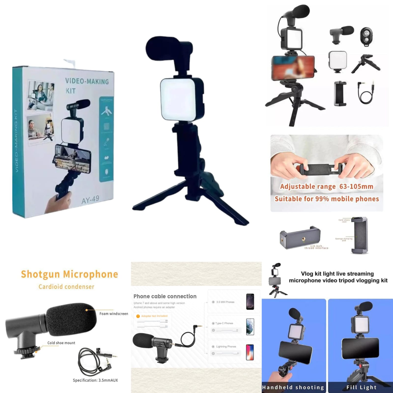AY-49 Video Making Kit | LED Fill Light + Noise-Reducing Microphone | Adjustable Tripod | Universal Phone Holder | Bluetooth Remote | TikTok, YouTube & Live Broadcasts