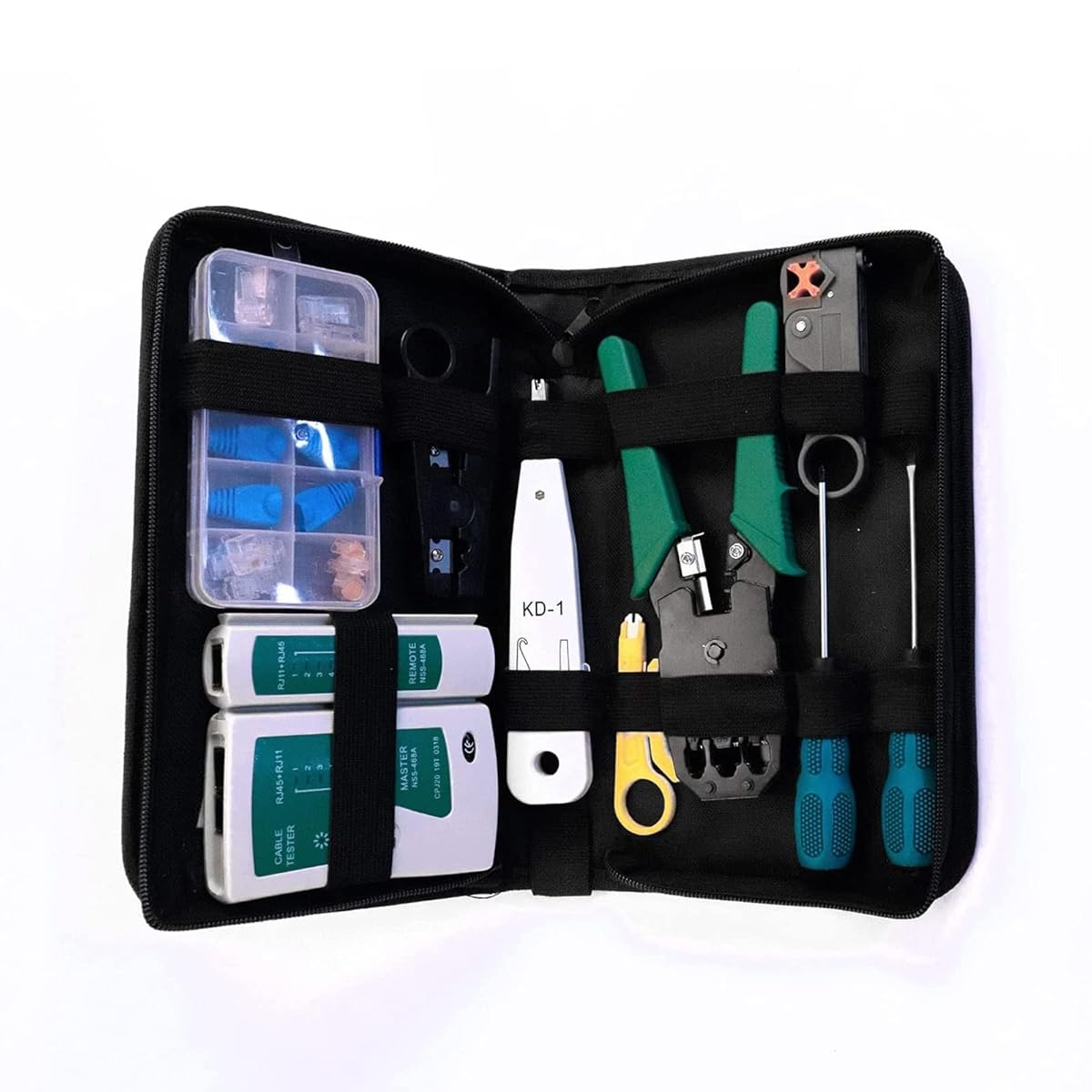 Network Tool Kit | Crimping Tool, Cable Tester, Wire Stripper, Punch-Down Tool, RJ45 Connectors, Screwdrivers | Portable Case Included