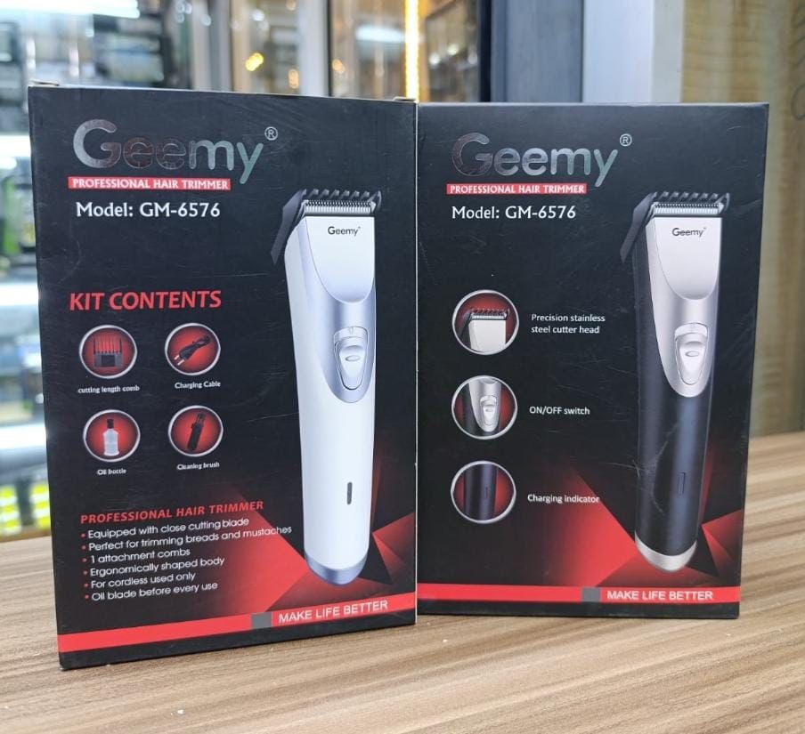 Geemy GM-6576 Professional Hair Clipper | Stainless Steel Cutter Head | Rechargeable Battery | Low Noise | Ergonomic Design | ON/OFF Switch | Charging Indicator | Grooming Tool