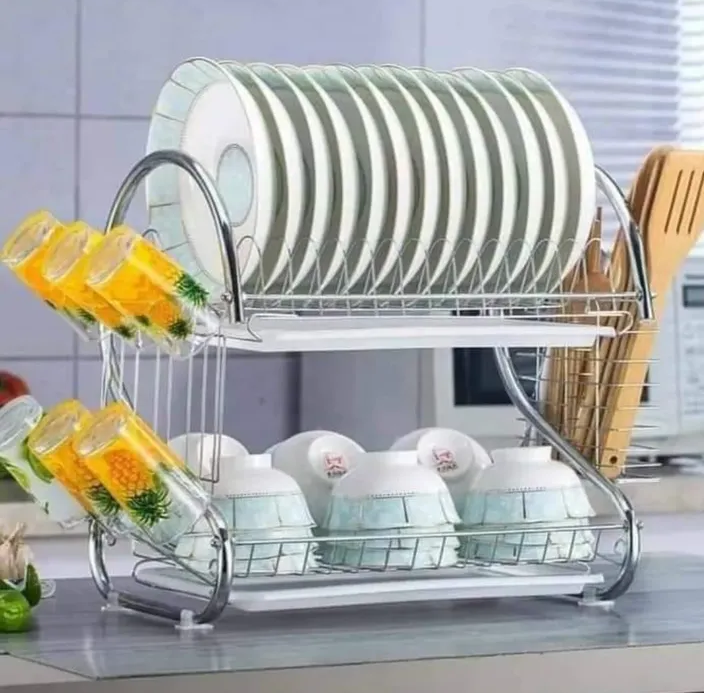 JP 2- Layer Stainless Steel Dish Rack With Drain Board  and Culterly Holder For Quick Untensils Drying Kitchen Storage Also holds glasses  plates and other untensils to have a well organized kitchen