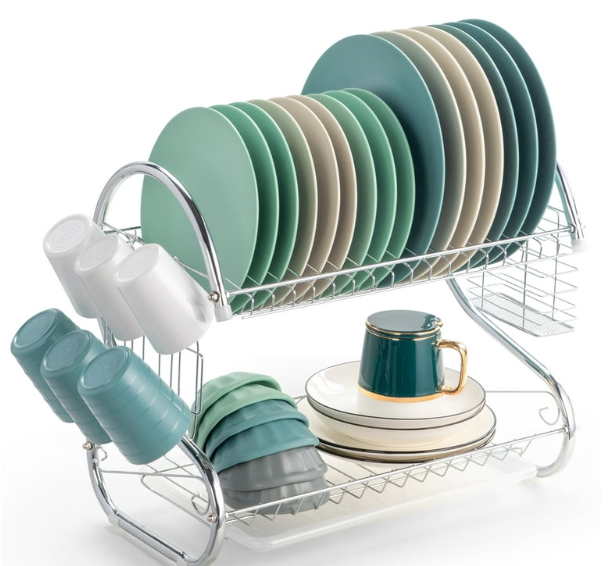 JP 2- Layer Stainless Steel Dish Rack With Drain Board  and Culterly Holder For Quick Untensils Drying Kitchen Storage Also holds glasses  plates and other untensils to have a well organized kitchen