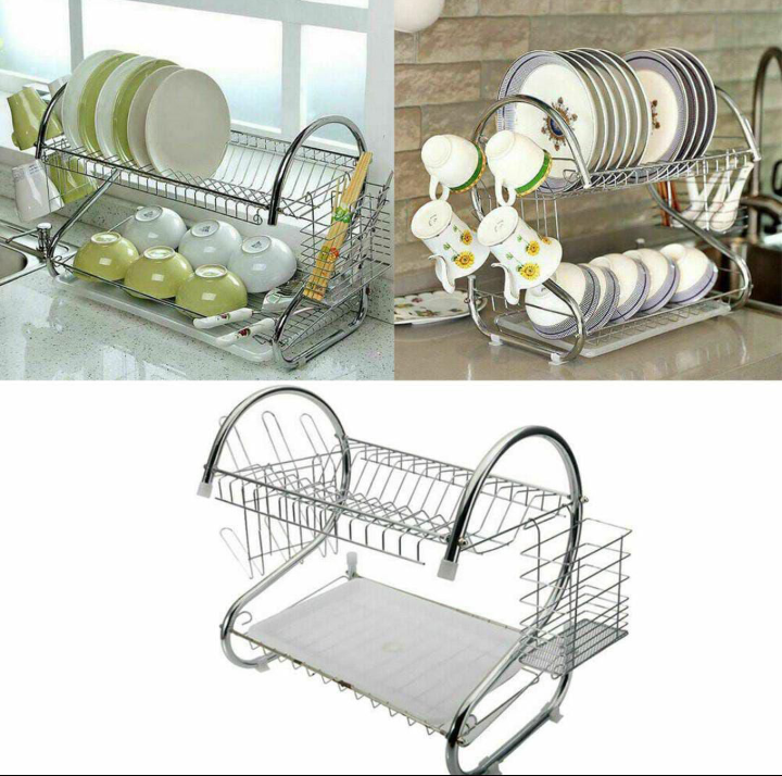 JP 2- Layer Stainless Steel Dish Rack With Drain Board  and Culterly Holder For Quick Untensils Drying Kitchen Storage Also holds glasses  plates and other untensils to have a well organized kitchen