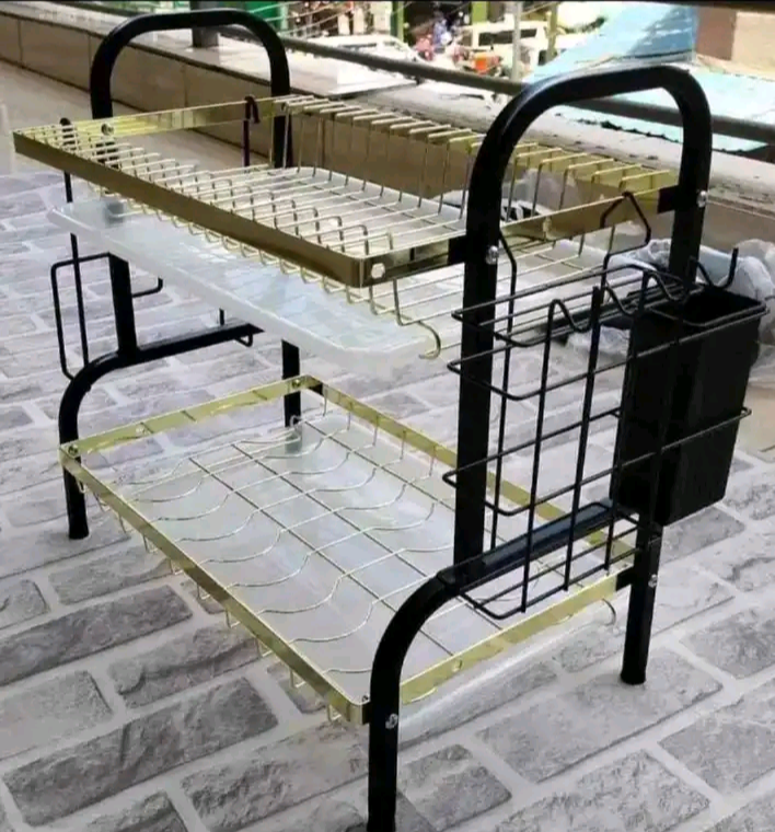 BEST OFFER 2Tier Black & Gold Dish Rack Heavy Duty DrainTray With Cultery Holder Carbon Steel Metallic Dish Rack Has Separate compartment for Arranging Utensils Space Saving Prevent Growth of Bacteria