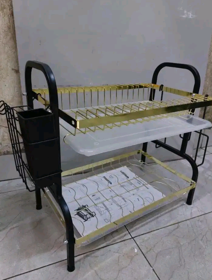 BEST OFFER 2Tier Black & Gold Dish Rack Heavy Duty DrainTray With Cultery Holder Carbon Steel Metallic Dish Rack Has Separate compartment for Arranging Utensils Space Saving Prevent Growth of Bacteria