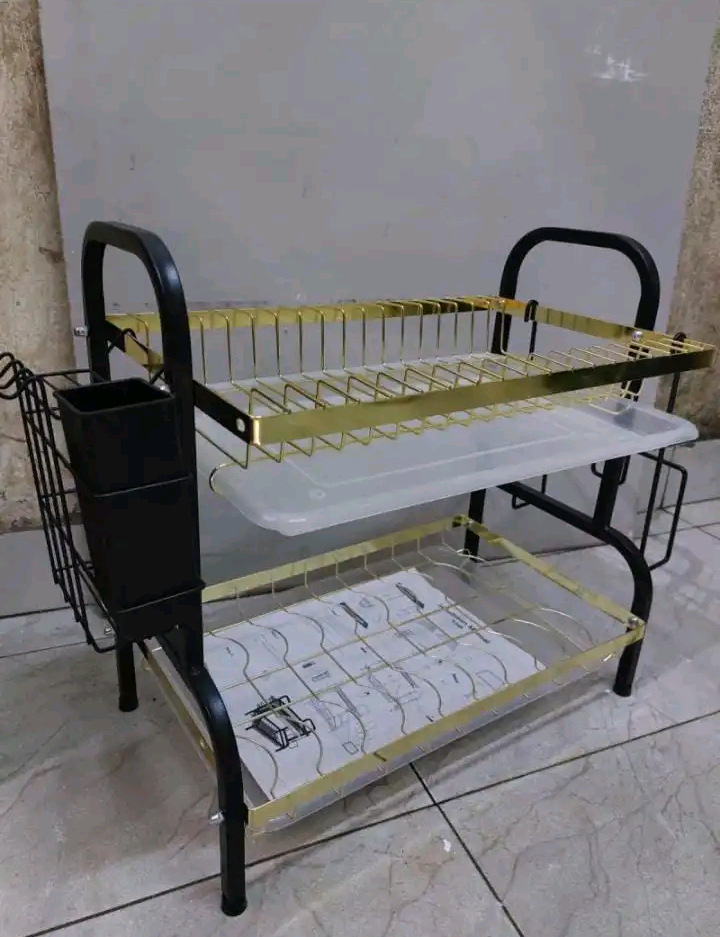 BEST OFFER 2Tier Black & Gold Dish Rack Heavy Duty DrainTray With Cultery Holder Carbon Steel Metallic Dish Rack Has Separate compartment for Arranging Utensils Space Saving Prevent Growth of Bacteria