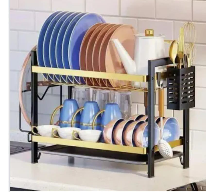 BEST OFFER 2Tier Black & Gold Dish Rack Heavy Duty DrainTray With Cultery Holder Carbon Steel Metallic Dish Rack Has Separate compartment for Arranging Utensils Space Saving Prevent Growth of Bacteria
