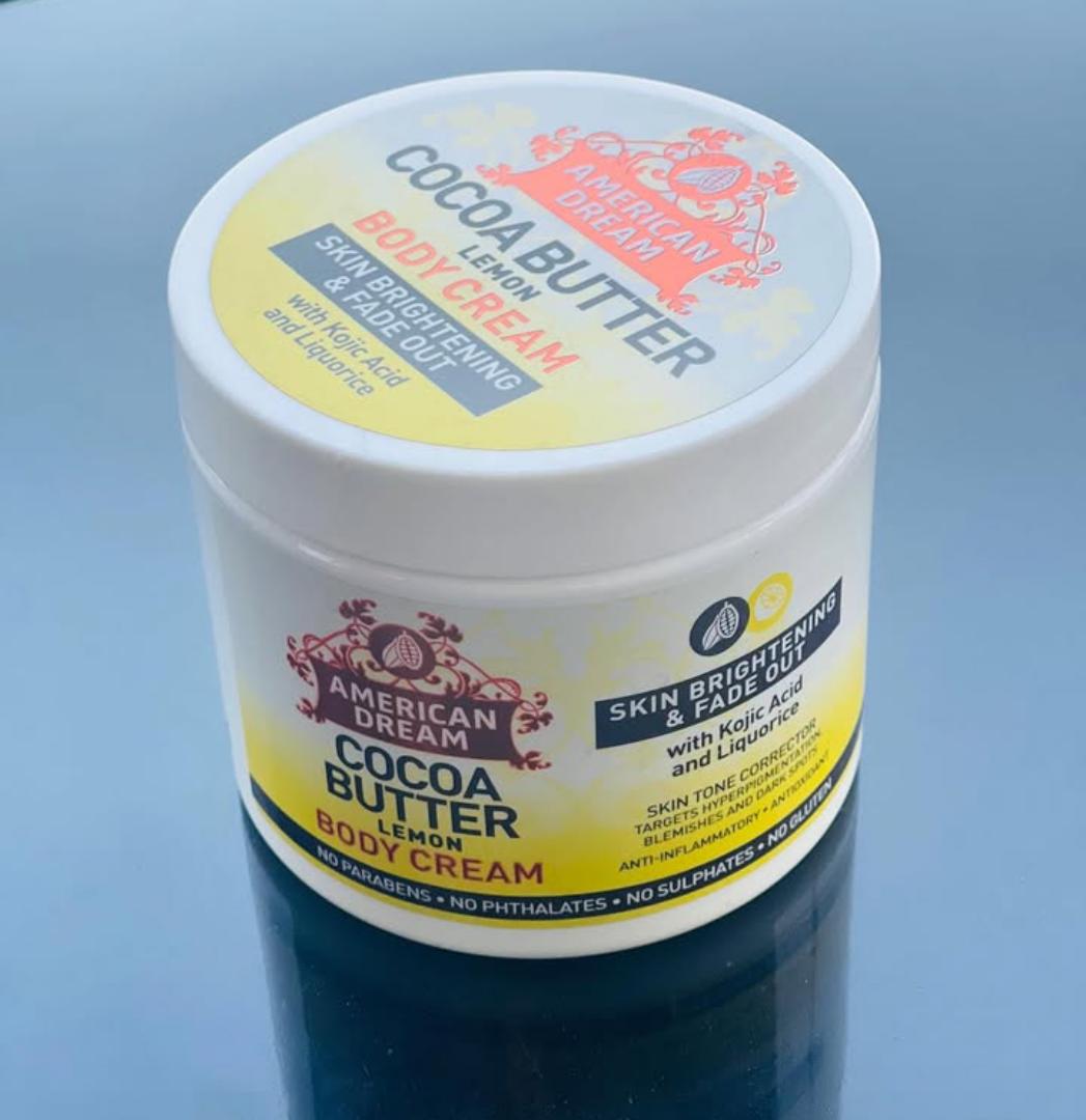 American dream cocoa butter Lemon body cream with Kojic acid &liquorice a brightening formula that helps reduce the  appearance of hyperpigmentation,blemishes,age spots and stretch marks for dry skin.