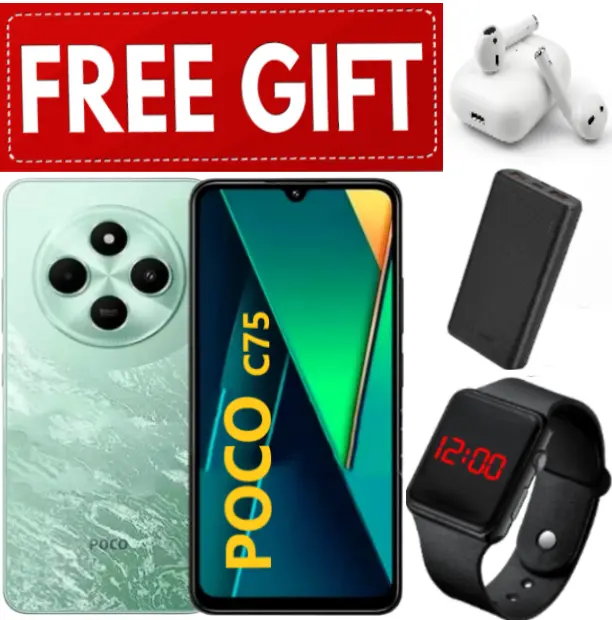 DISCOUNTED OFFERS!!!BRAND NEW XIAOMI Poco C75 6GB+128GB 6.88" 120Hz Display 50MP Camera 5160mAh Battery Fast charge fingerprint Unlock Smart Phones+ EARPODS+LED WATCH+POWERBANK