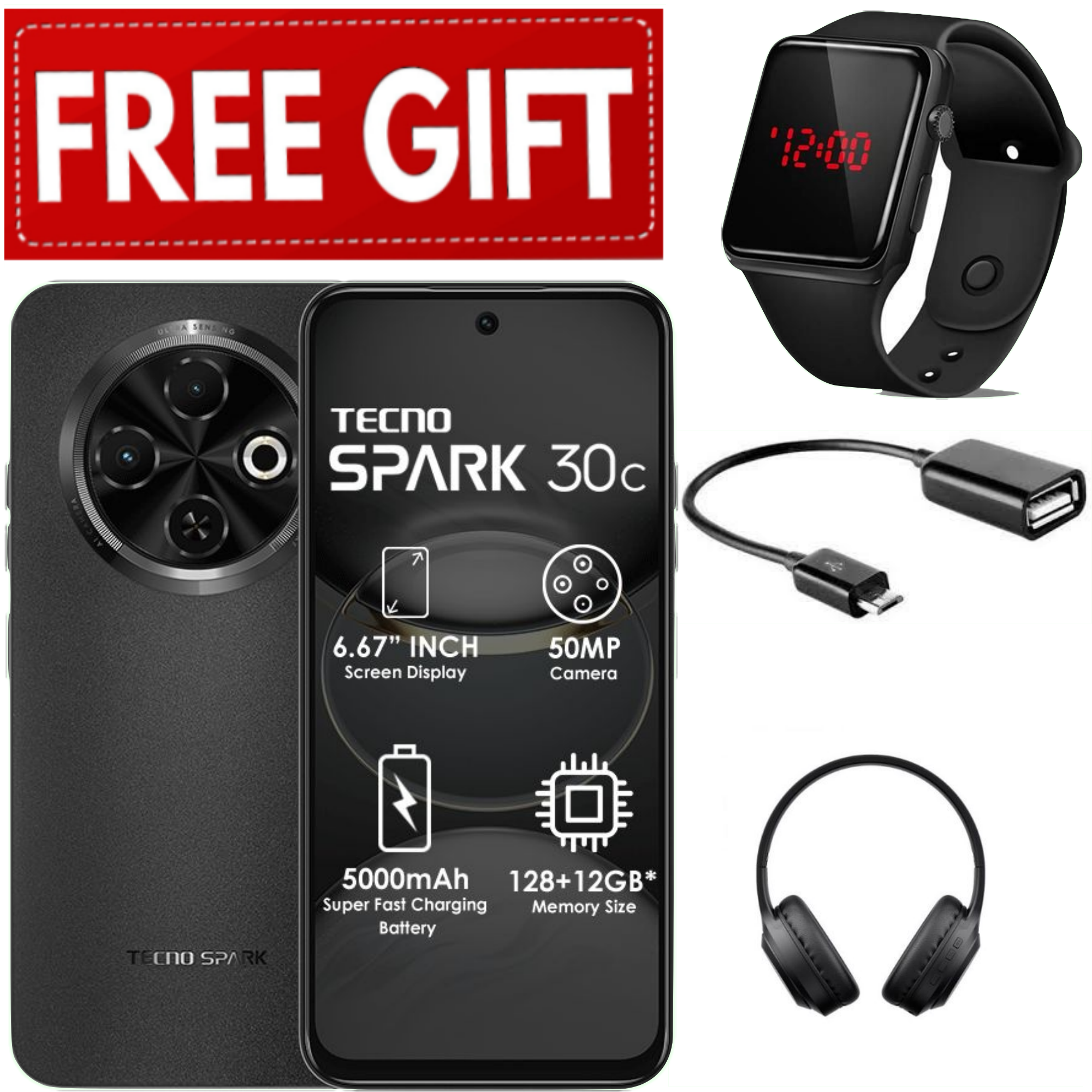 FLASH SALE DEALS!!! TECNO SPARK 30C 128GB +8(4+4)GB 120Hz 6.6" Dynamic Port 50MP Dual Ultra Slim 5000mAh 18W Type-C Dual SIM 4G Smart Phones Side Fingerprint phone+FREEBIES