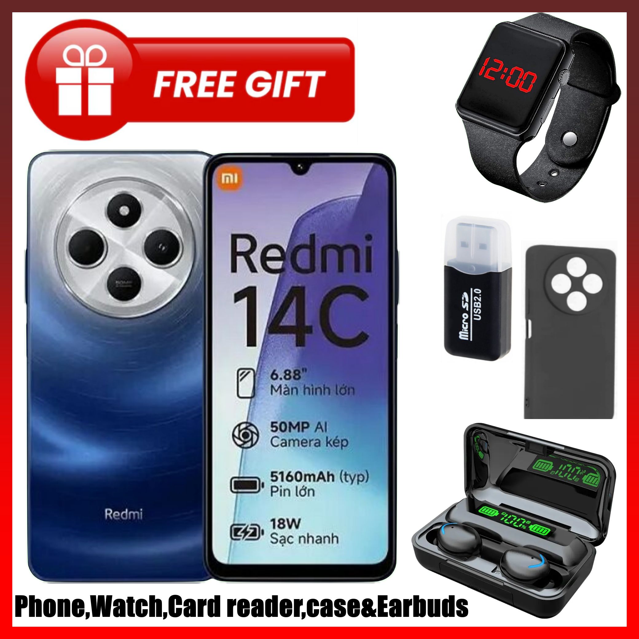 FLASH SALE DEAL!!BRAND NEW Xiaomi Redmi 14C 8(4+4)GB RAM + 256GB/128GB Storage 6.88" 120Hz HD+ 4G Dual Sim 5160mAh Battery 50MP triple main camera Android 14 Smart Phones+EARBUDS+LEDWATCH