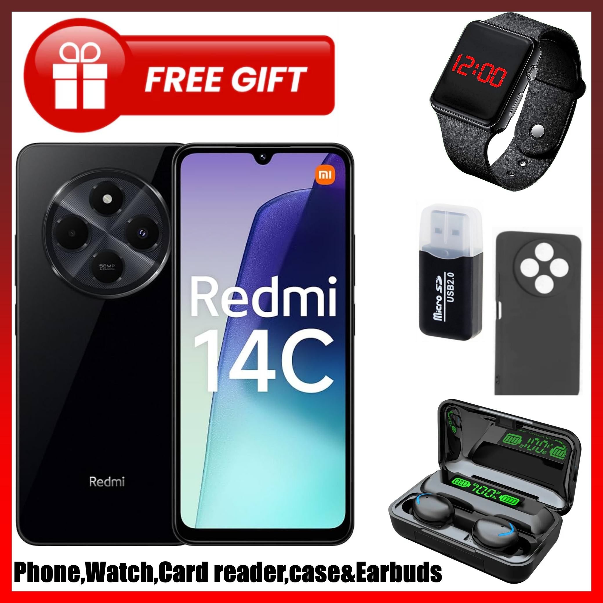 FLASH SALE DEAL!!BRAND NEW Xiaomi Redmi 14C 8(4+4)GB RAM + 256GB/128GB Storage 6.88" 120Hz HD+ 4G Dual Sim 5160mAh Battery 50MP triple main camera Android 14 Smart Phones+EARBUDS+LEDWATCH