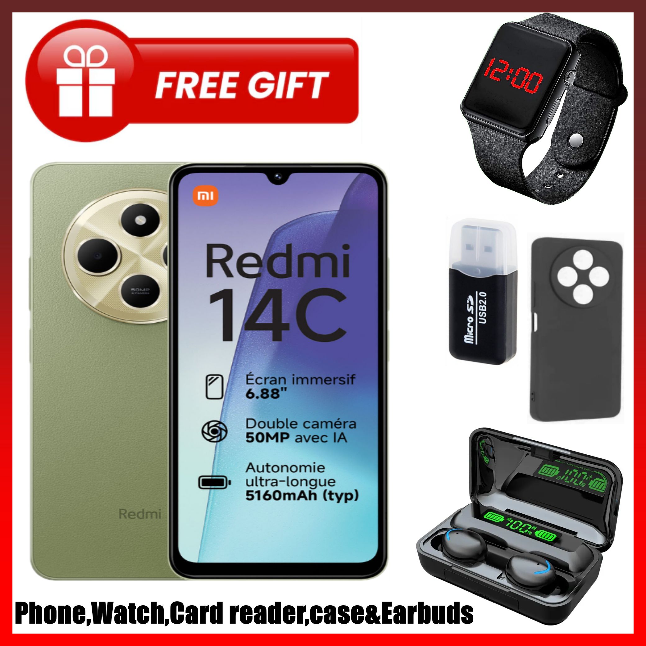 FLASH SALE DEAL!!BRAND NEW Xiaomi Redmi 14C 8(4+4)GB RAM + 256GB/128GB Storage 6.88" 120Hz HD+ 4G Dual Sim 5160mAh Battery 50MP triple main camera Android 14 Smart Phones+EARBUDS+LEDWATCH