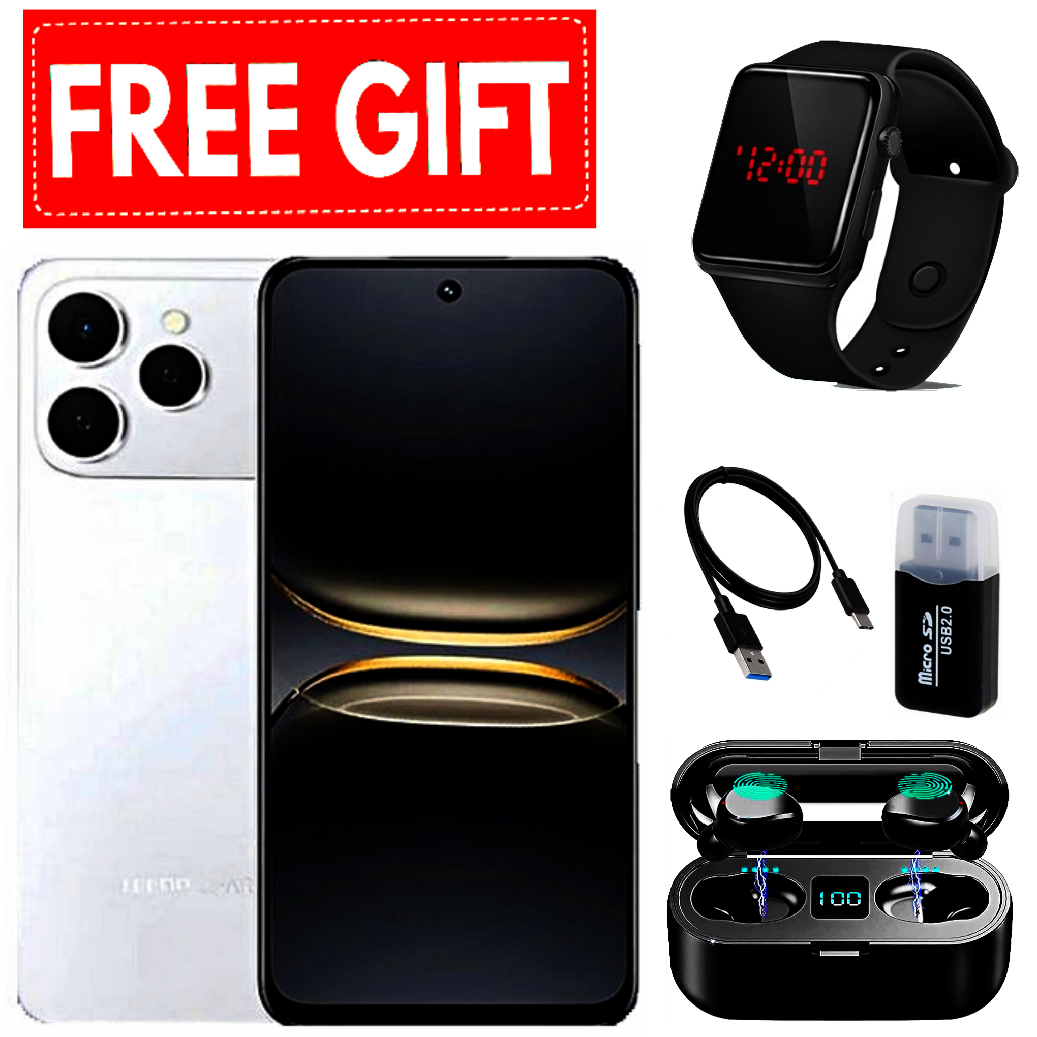 NEW ARRIVAL DEALS!! Tecno Spark 40 128GB + 8GB(4+4GB EXTENDED) 6.67''  Camera 50MP Main Camera 45W Super Charging 5200mAh smartphone.+ FREE LED WATCH +CARD READER+CABLE+EARBUDS