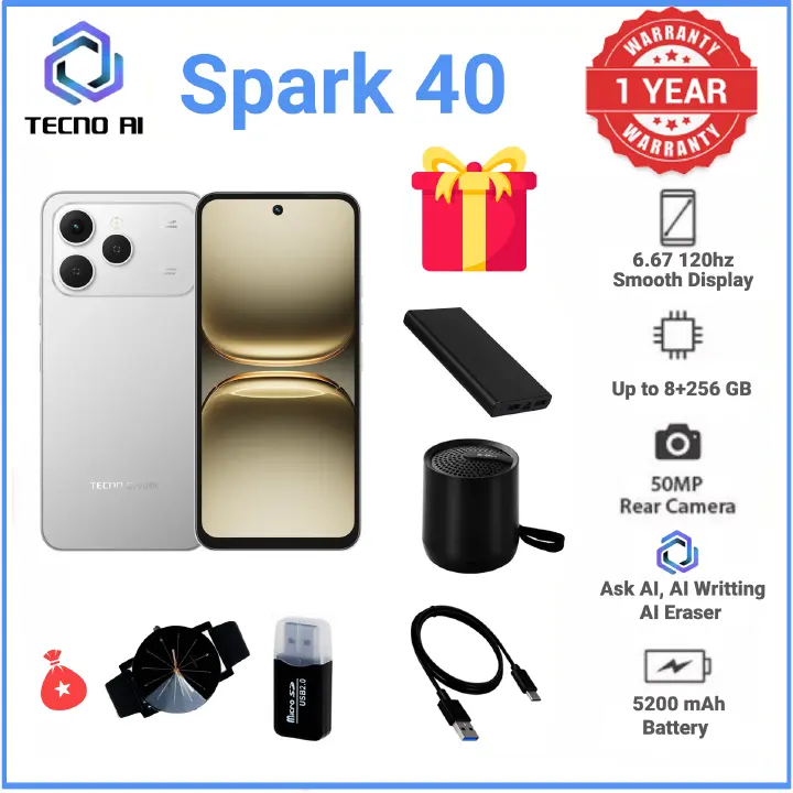 NEW ARRIVAL DEALS!! Tecno Spark 40 128GB/256GB + UpTo 8GB/16GB EXTENDED  6.67''  Camera 50MP Main Camera 45W Super Charging 5200mAh smartphone.+ FREE WEBWATCH+CARDREADER+POWERBANK+BT SPEAKER+CABLE