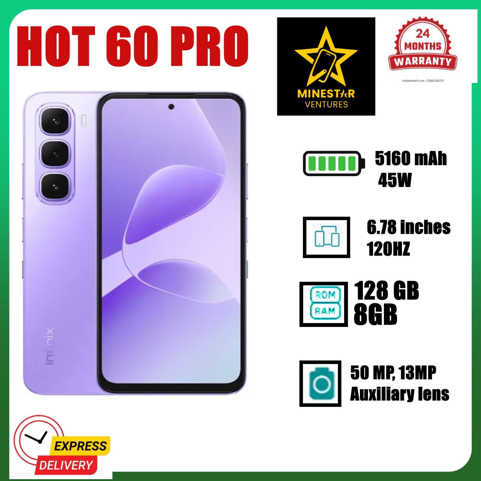 [NEW ARRIVALS] Infinix HOT 60 PRO 6.78" AMOLED Screen, Upto 16(8+8)GB RAM+128GB ROM, 5160 mAh Battery, 50MP Rear & 13MP Front Camera, Android 15, Dual SIM, Side Fingerprint -Smartphones