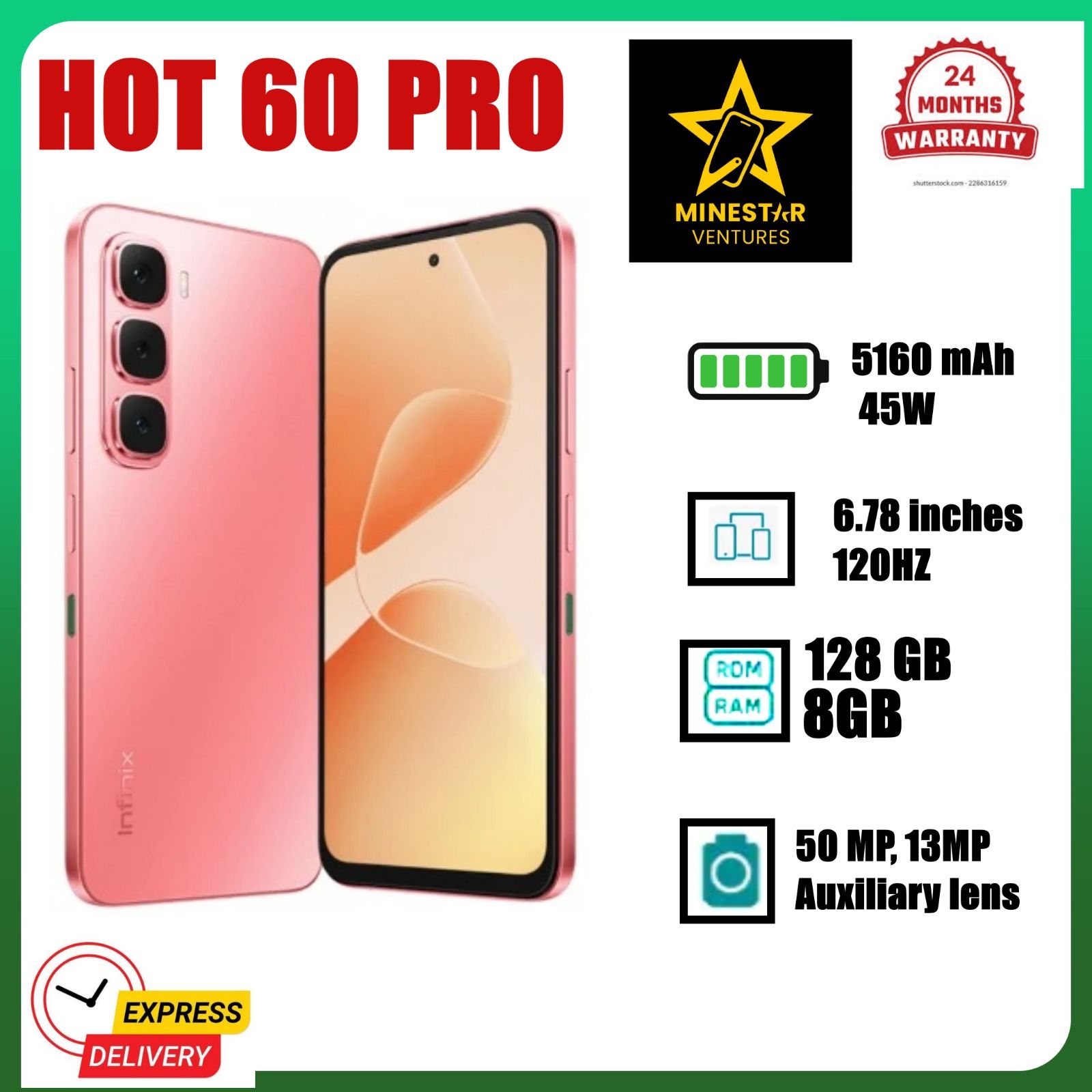 [NEW ARRIVALS] Infinix HOT 60 PRO 6.78" AMOLED Screen, Upto 16(8+8)GB RAM+128GB ROM, 5160 mAh Battery, 50MP Rear & 13MP Front Camera, Android 15, Dual SIM, Side Fingerprint -Smartphones