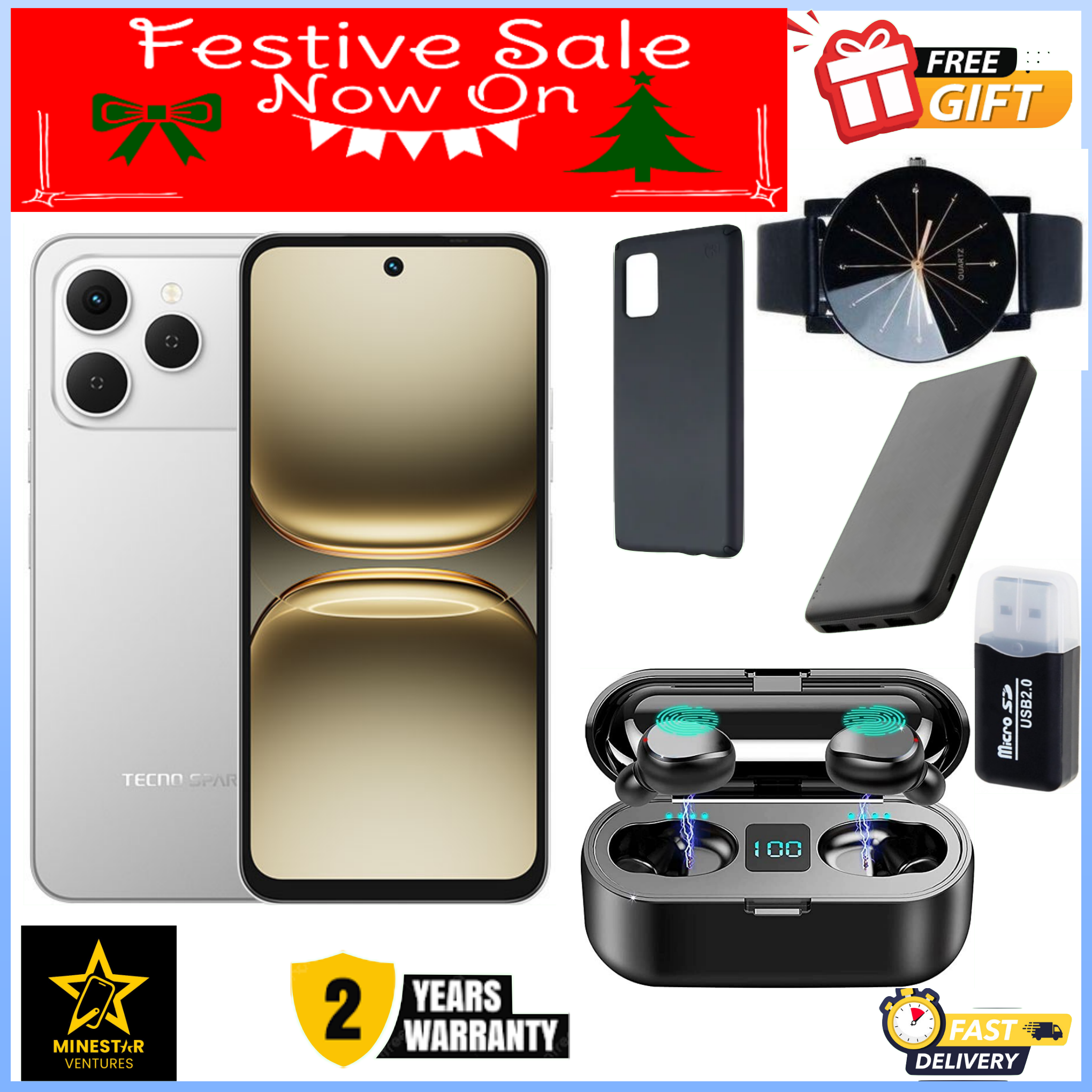 LIMITED FESTIVE OFFER!! Tecno Spark 40 128GB + 8GB(4+4GB EXTENDED) 6.67''  Camera 50MP Main Camera 45W Super Charging 5200mAh smartphone.+ FREE LED WATCH +CARD READER+CABLE+EARBUDS