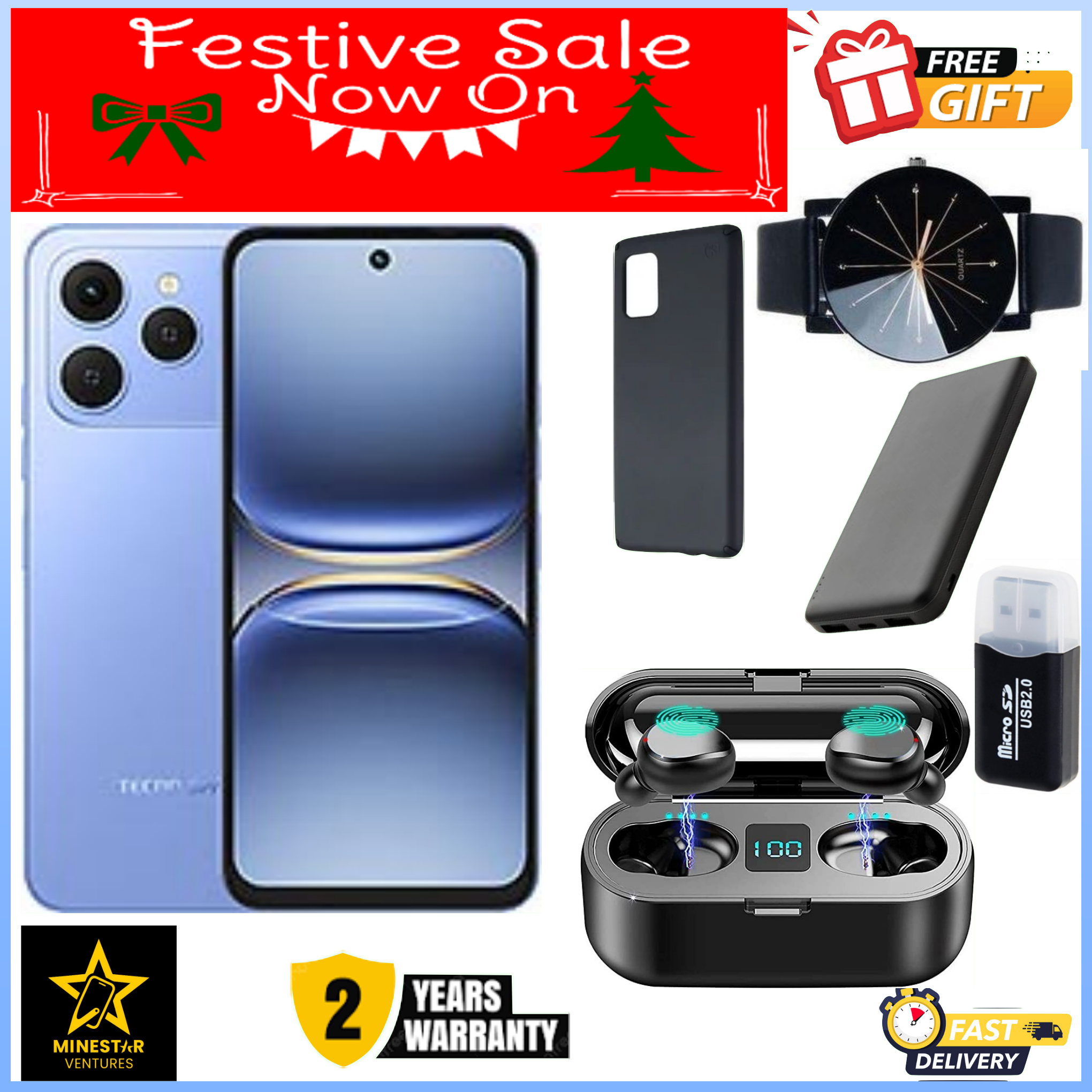 LIMITED FESTIVE OFFER!! Tecno Spark 40 128GB + 8GB(4+4GB EXTENDED) 6.67''  Camera 50MP Main Camera 45W Super Charging 5200mAh smartphone.+ FREE LED WATCH +CARD READER+CABLE+EARBUDS