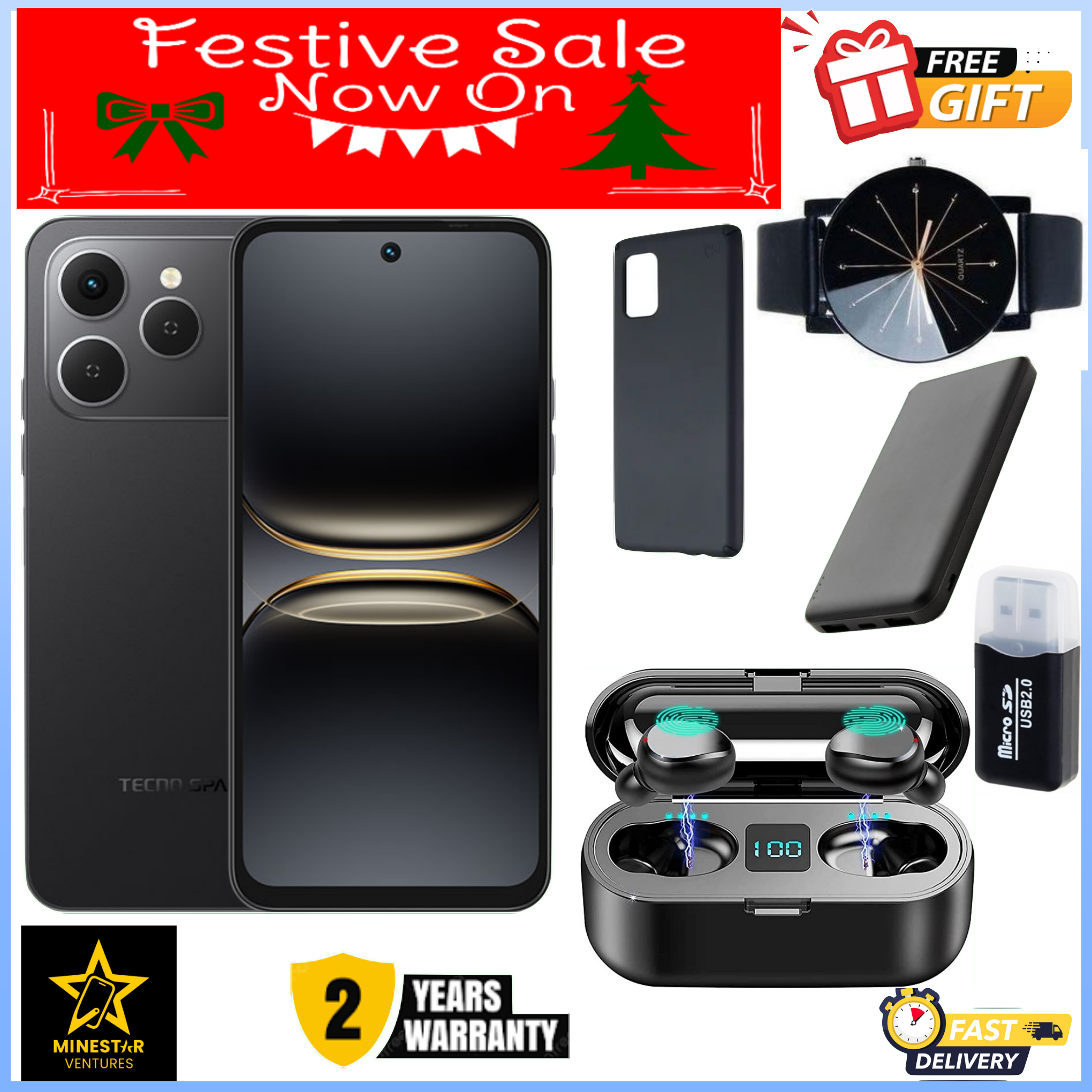LIMITED FESTIVE OFFER!! Tecno Spark 40 128GB + 8GB(4+4GB EXTENDED) 6.67''  Camera 50MP Main Camera 45W Super Charging 5200mAh smartphone.+ FREE LED WATCH +CARD READER+CABLE+EARBUDS
