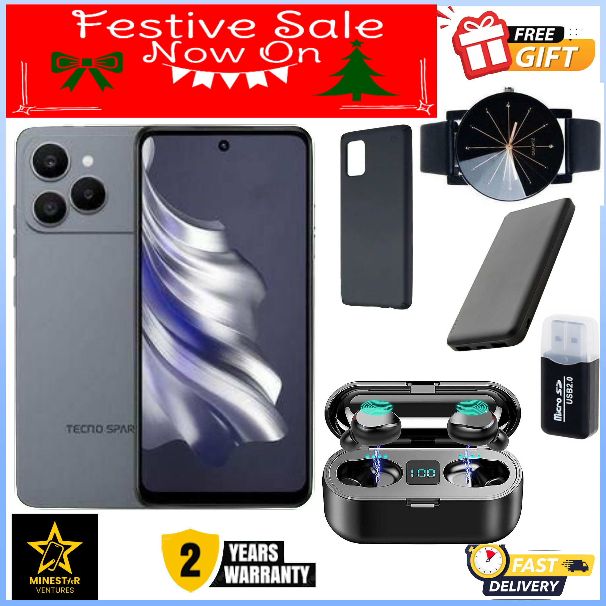 LIMITED FESTIVE OFFER!! Tecno Spark 40 128GB + 8GB(4+4GB EXTENDED) 6.67''  Camera 50MP Main Camera 45W Super Charging 5200mAh smartphone.+ FREE LED WATCH +CARD READER+CABLE+EARBUDS