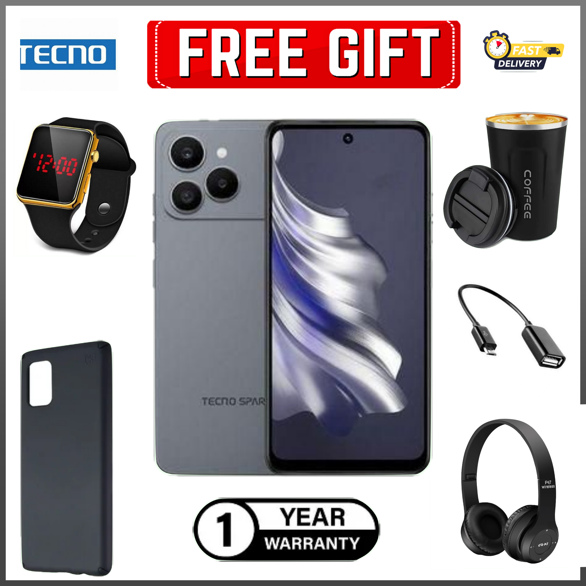 BLACK NOVEMBER DEALS!! Tecno Spark 40 128GB/256GB + 8GB/16GB EXTENDED 6.67''  Camera 50MP Main Camera 45W Super Charging 5200mAh Side Fingerprint smartphone.+ FREE LED WATCH+EARBUDS+THERMO-CUP