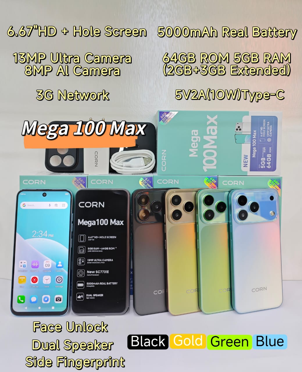 SPECIAL OFFER!! CORN MEGA 100 MAX 6.67"HD 64GB ROM, 5(2+3)GB RAM 5000mAh STRONG BATTERY DUAL SIM CARD SMART PHONE SIDE-MOUNTED FINGERPRINT FACE UNLOCK,13MP ULTRA CAMERA 8MP SELFIE+FREE GIFTS