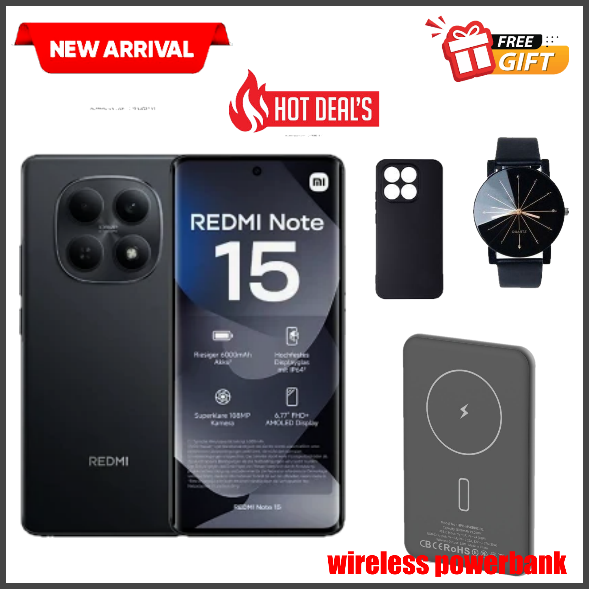 XIAOMI REDMI Note 15 Smartphone 6.77" AMOLED Display 8GB + 256GB Dual SIM 108MP main camera 20MP camera 6000mAh battery 33W In-screen fingerprint 120Hz Splash, Water and Dust Resistant+FREE MAGSAFE