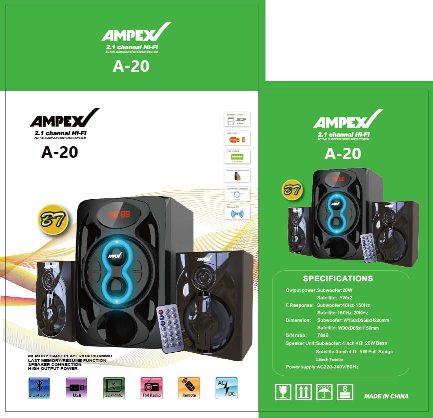 Ampex A-20 2.1 Channel Hi-Fi Active Subwoofer Speaker System with Bluetooth, USB SD MMC Support, FM Radio Tuner, Remote Control, Super Bass Surround Sound, High Power 10000W PMPO Output, Home Theater