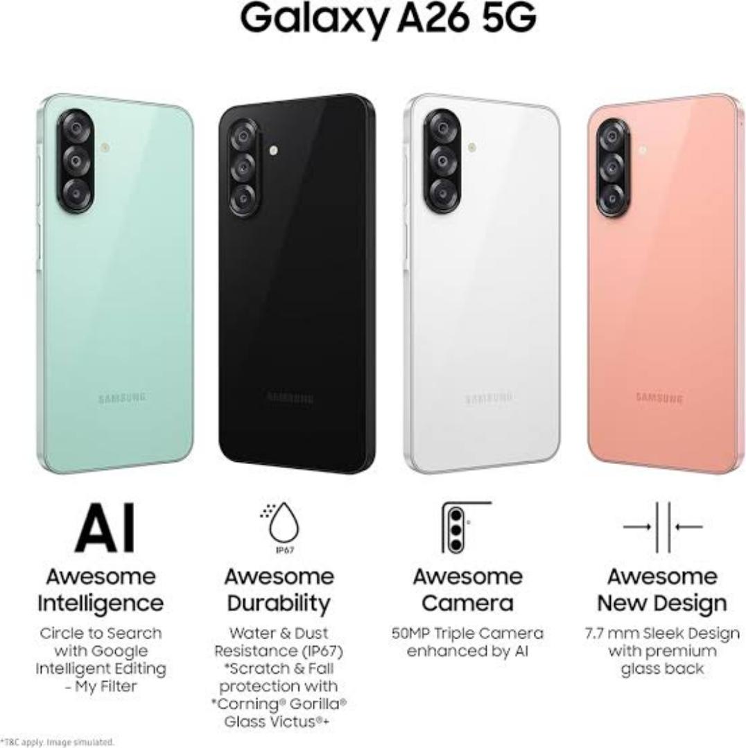 [New Arrival] Samsung Galaxy A26 5G 128GB+6GB 6.7" 120Hz Super AMOLED Display 50MP+13MP Cameras Exynos 1380 Chipset 5000mAh Battery 25W Fast Charge IP67 Dust/Water Resistant Smart Phone