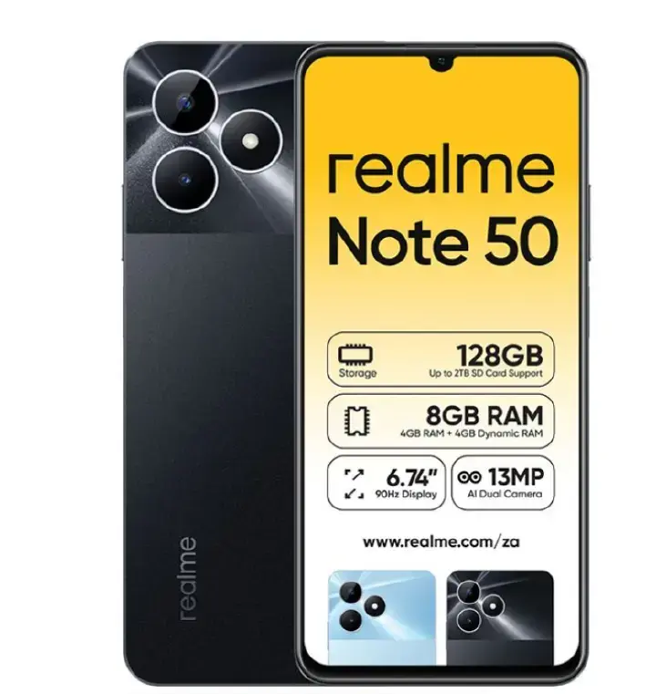 NEW REALME NOTE 50 128GB ROM + 4GB RAM 6.74"INCHES ULTRA CLEAR SCREEN IPS LCD Display Dual SIM (Nano-SIM)Dual SIM (Nano-SIM) USB TYPE C 5000 mAh Li-Po Battery IPS4 ANDROID 13 SMARTPHONE
