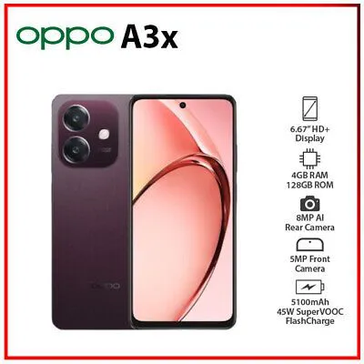 BRAND NEW OPPO A3x 6GB RAM+ 128GB ROM 6.67" 90Hz 8MP Dimensity 6300 Android 14 45W 5100mAh Type-C Charge Smart Phones Side Fingerprint and Facial Recognition Unlock SMARTPHONES