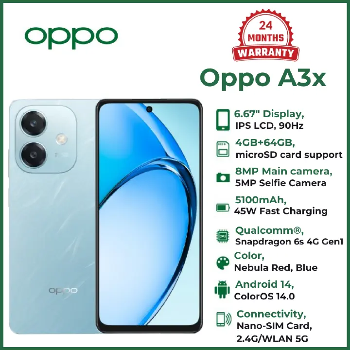 BRAND NEW OPPO A3x 6GB RAM+ 128GB ROM 6.67" 90Hz 8MP Dimensity 6300 Android 14 45W 5100mAh Type-C Charge Smart Phones Side Fingerprint and Facial Recognition Unlock SMARTPHONES